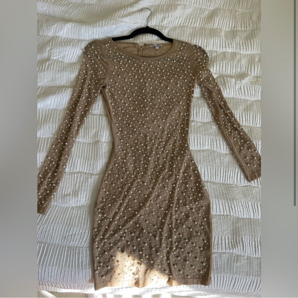 Elegant Tan Mini Dress with Pearl Accents